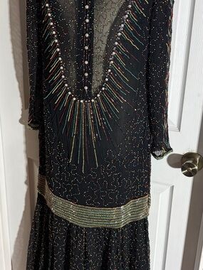 Vtg 1980s Heavily Hand beaded Black Silk Long Lined Princess Dress By Tanya Sz L